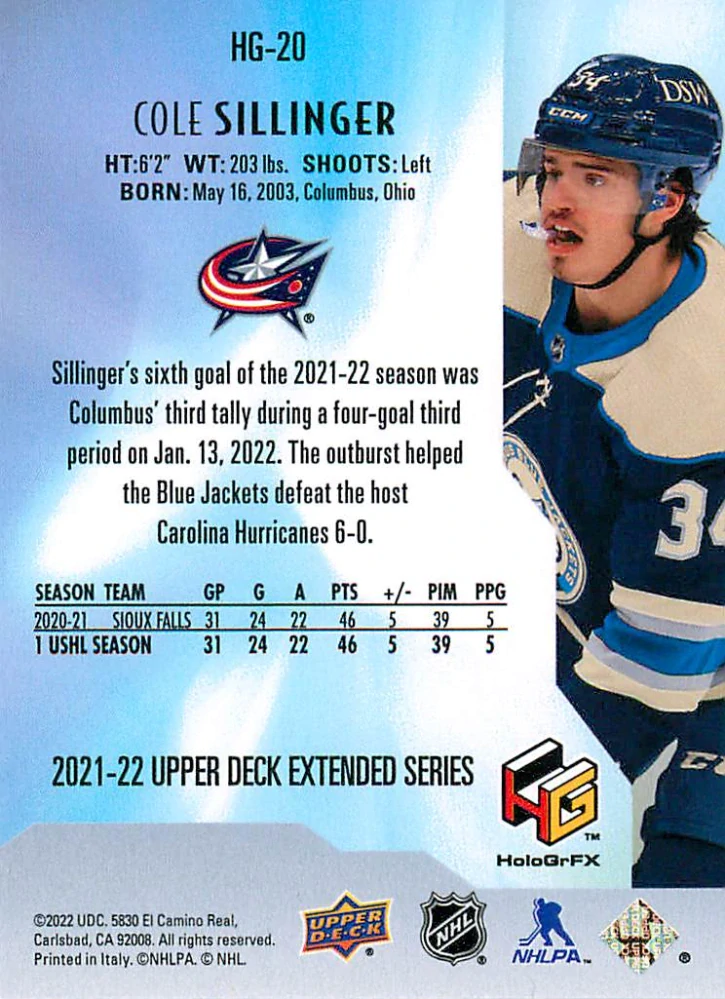 2021-22 UD Extended Series - Cole Sillinger - HoloGrFX #HG-20