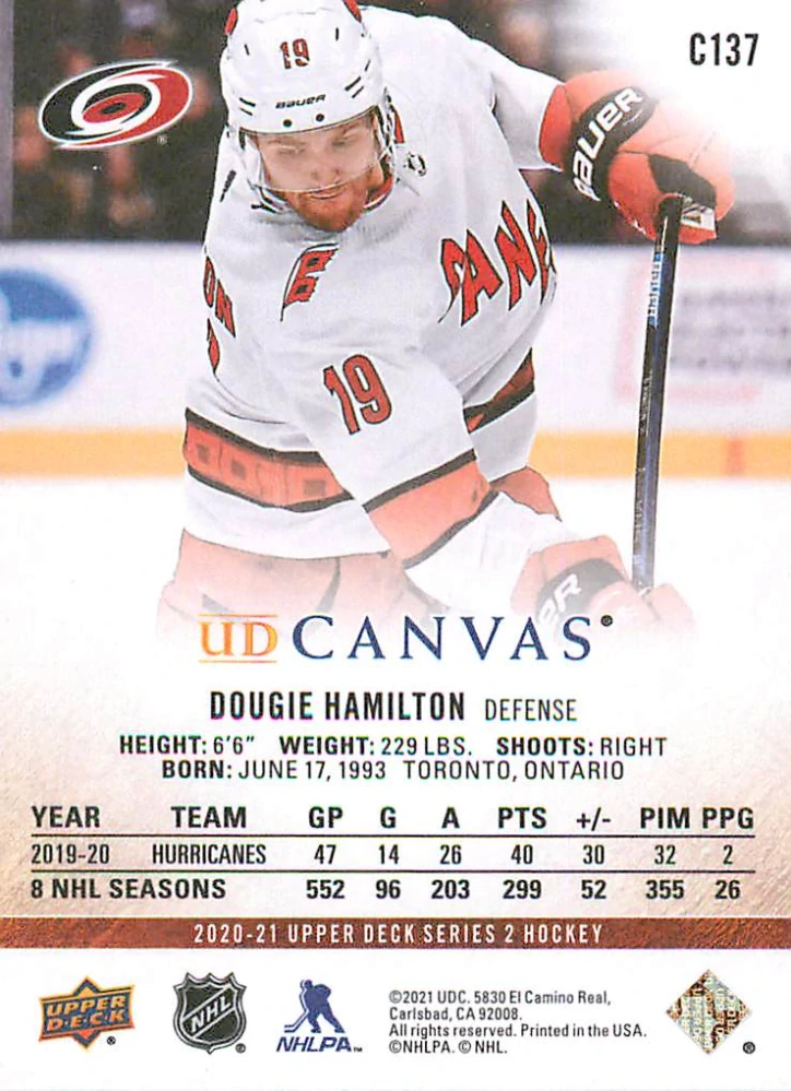2020-21 UD Series 2 - Dougie Hamilton - Canvas #C137