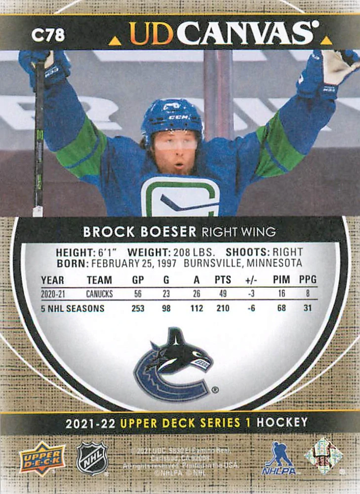 2021-22 UD Series 1 - Brock Boeser - Canvas #C78