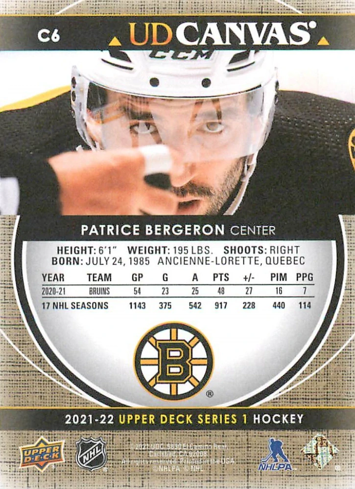 2021-22 UD Series 1 - Patrice Bergeron - Canvas #C6