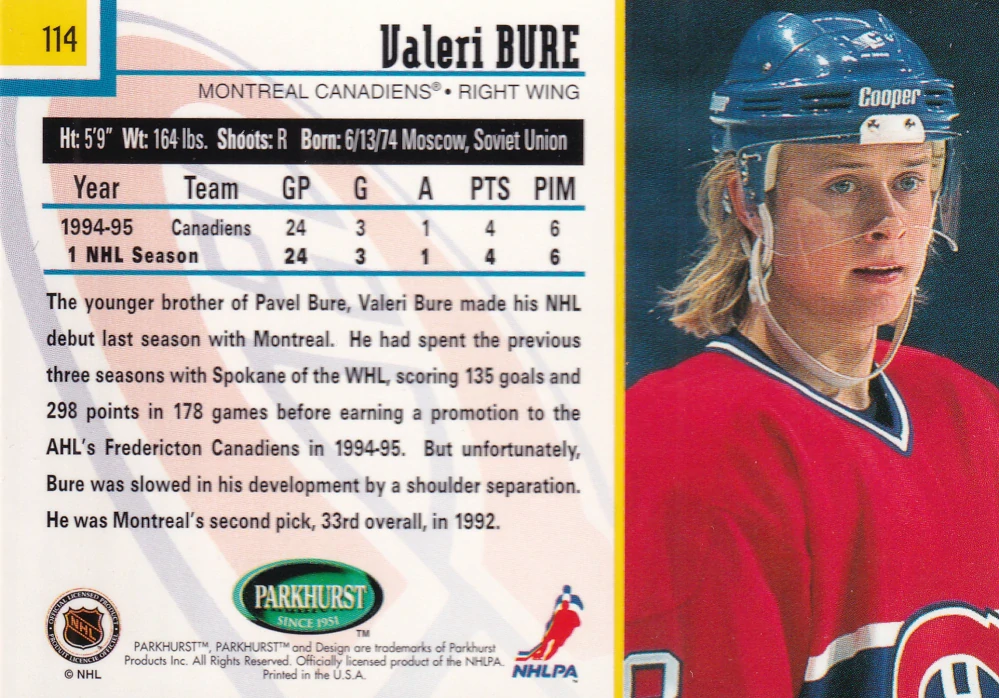 1995-96 Parkhurst International - Valeri Bure #114