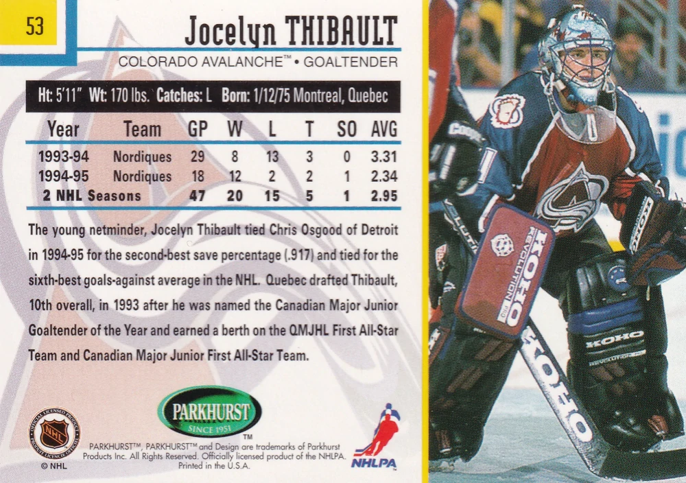 1995-96 Parkhurst International - Jocelyn Thibault #53