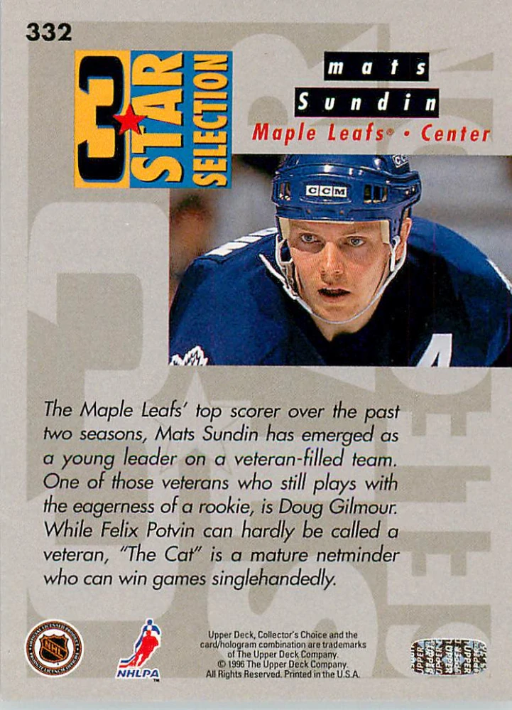 1996-97 UD Collectors Choice - Felix Potvin, Mats Sundin, Doug Gilmour - 3 Star Selection #332