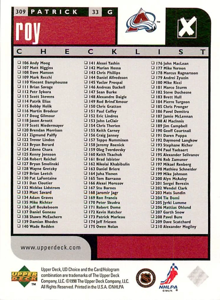 1998-99 UD Choice - Patrick Roy - Checklist #309