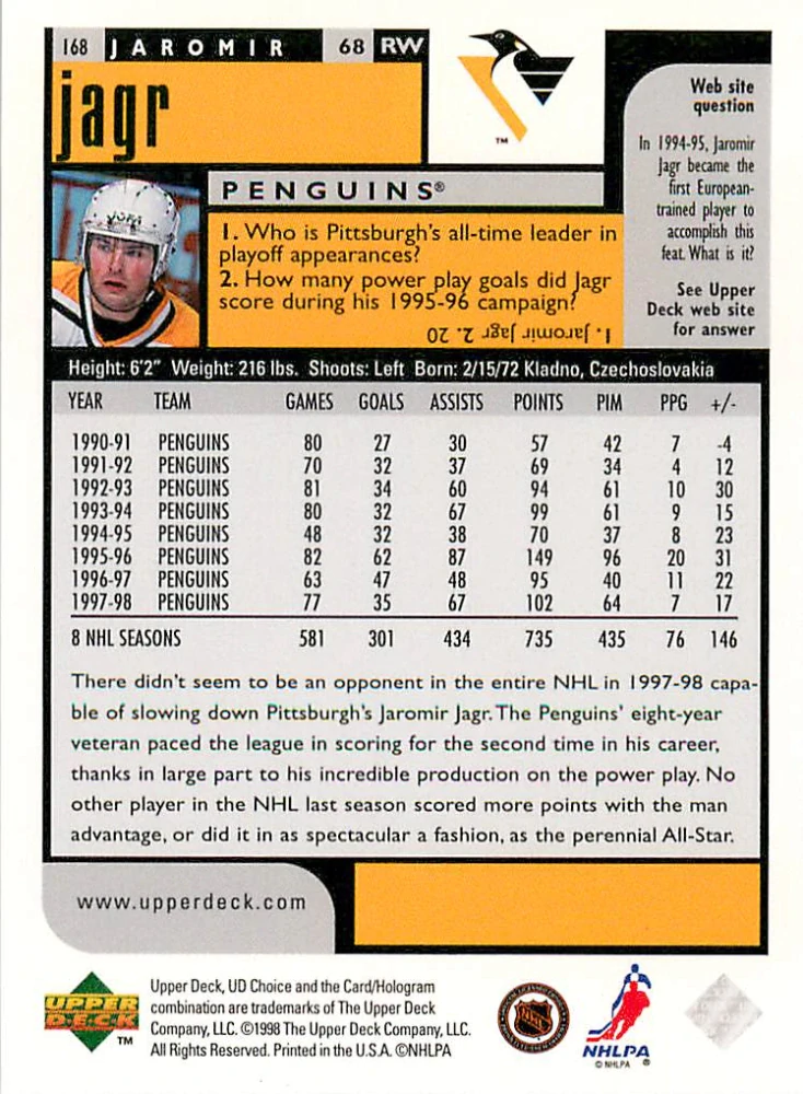 1998-99 UD Choice - Jaromír Jágr #168