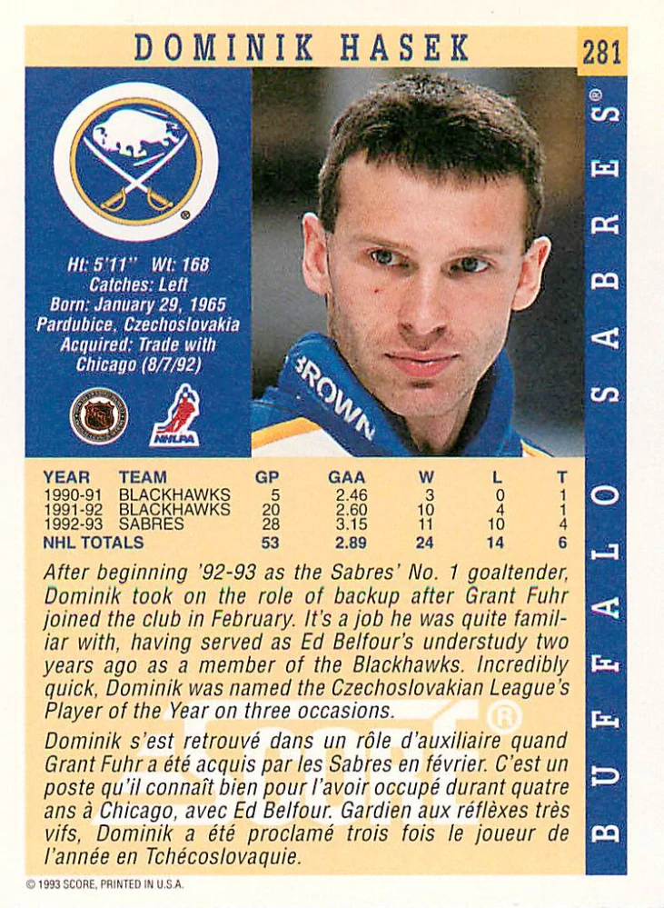 1993-94 Score - Dominik Hašek #281