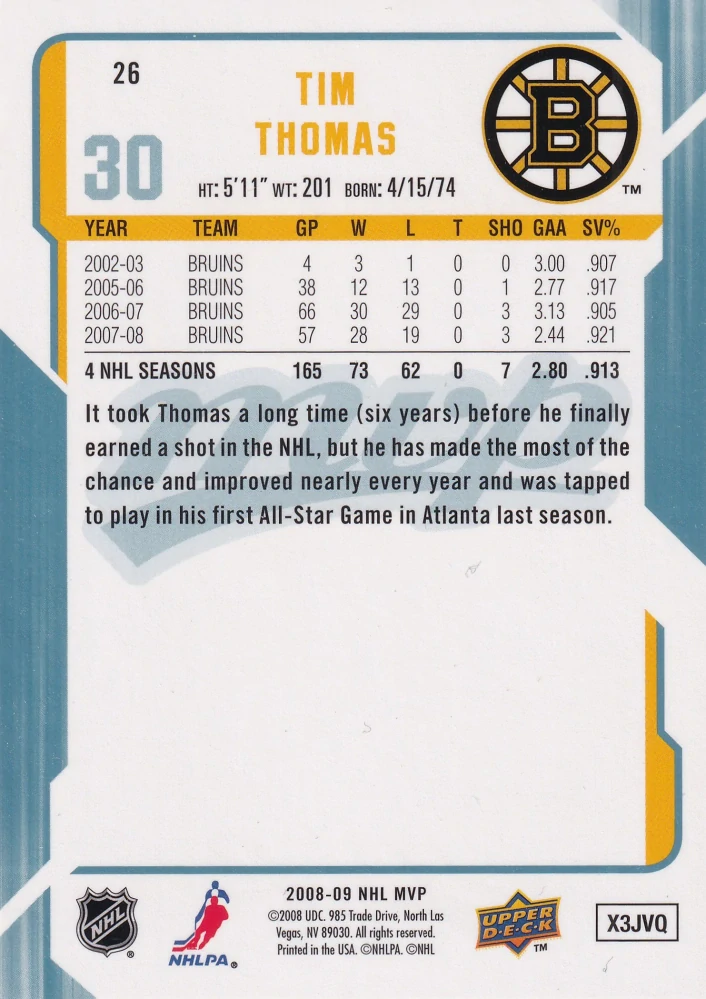 2008-09 UD MVP - Tim Thomas #26