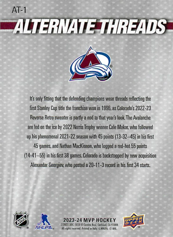 2023-24 UD MVP - Nathan MacKinnon, Cale Makar, Alexandar Georgiev - Alternate Threads #AT-1