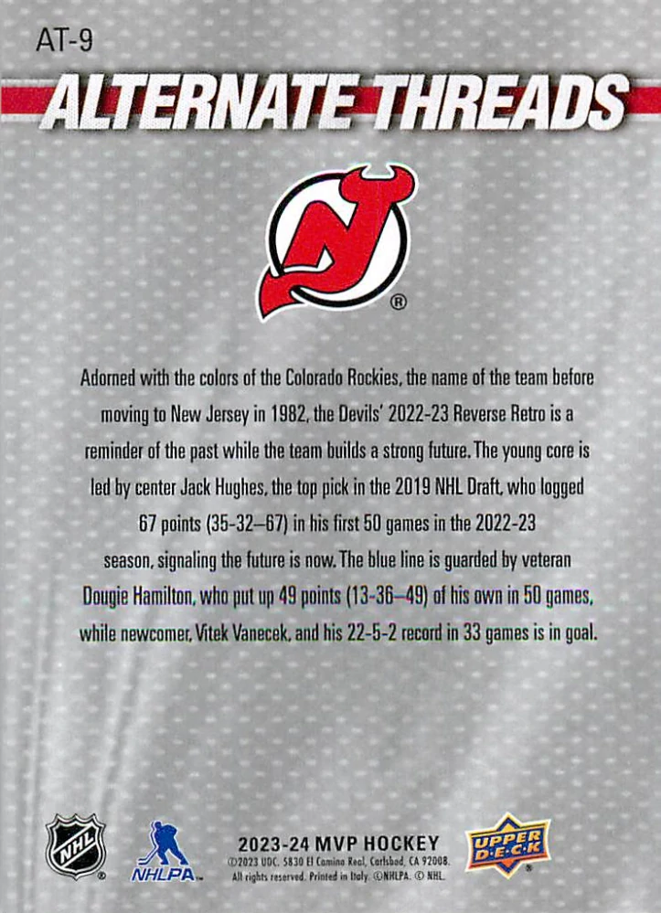 2023-24 UD MVP - Jack Hughes, Dougie Hamilton, Vítek Vaněček - Alternate Threads #AT-9