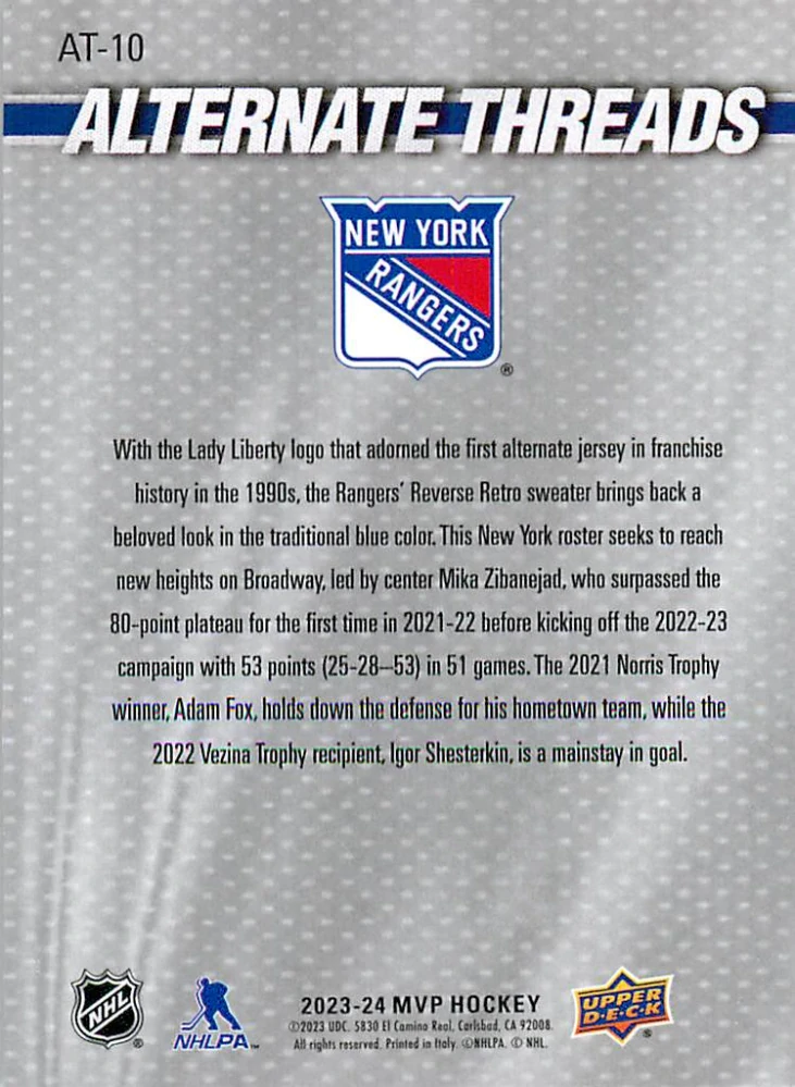 2023-24 UD MVP - Mika Zibanejad, Adam Fox, Igor Shesterkin - Alternate Threads #AT-10