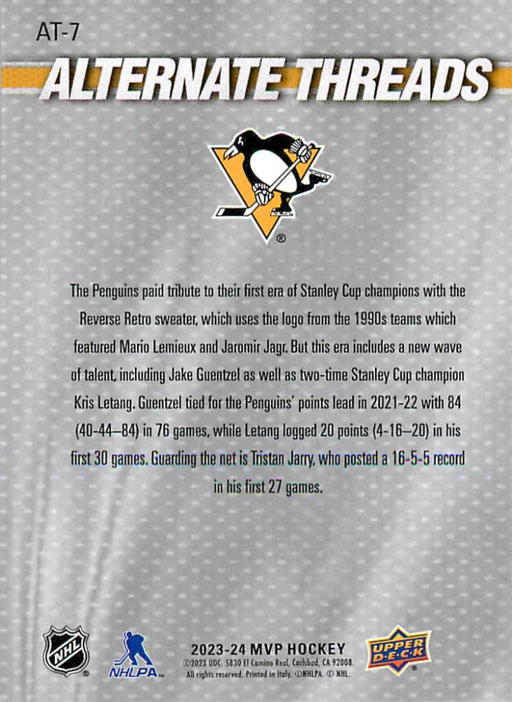 2023-24 UD MVP - Jake Guentzel, Kris Letang, Tristan Jarry - Alternate Threads #AT-7