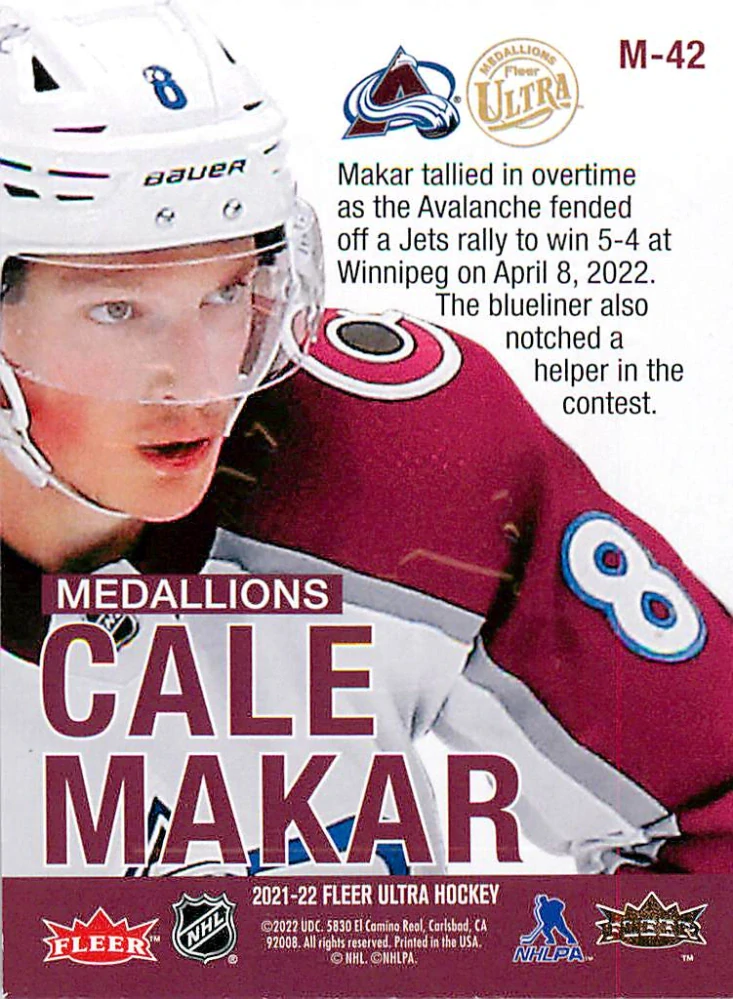 2021-22 UD Fleer Ultra - Cale Makar - Medallions #M-42