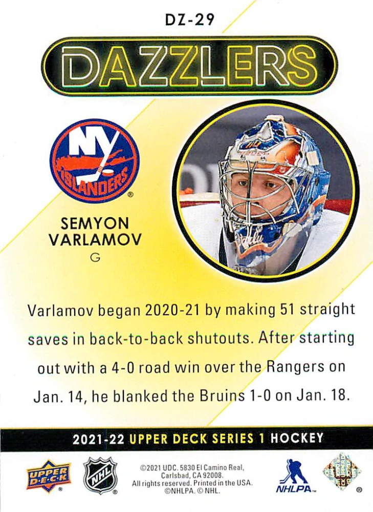 2021-22 UD Series 1 - Semyon Varlamov - Dazzlers Blue #29