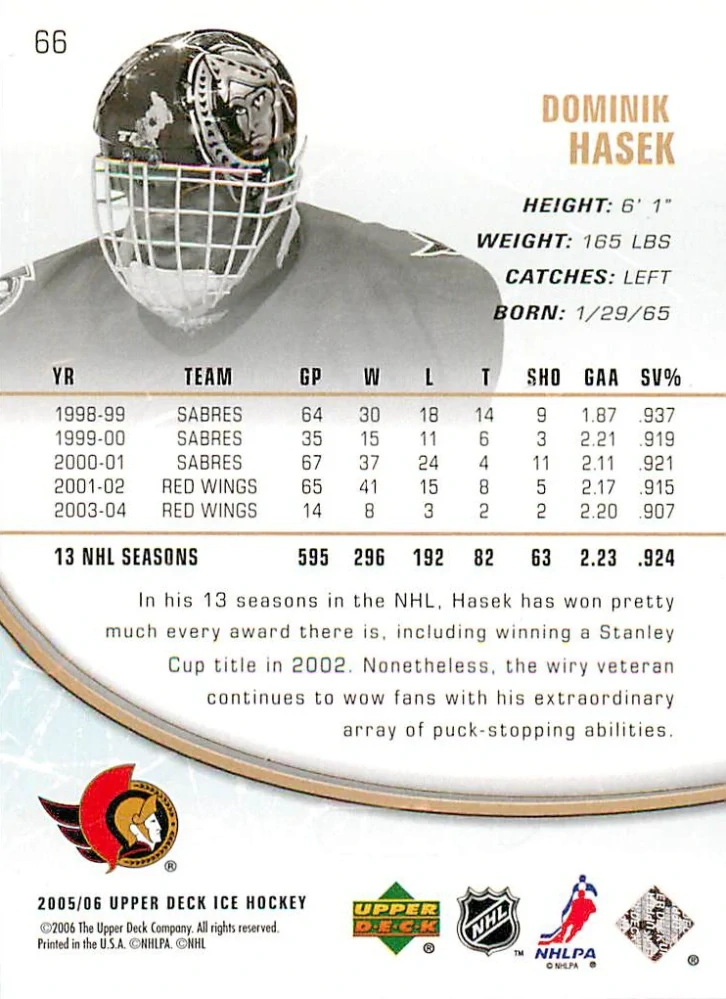 2005-06 UD Ice - Dominik Hašek #66