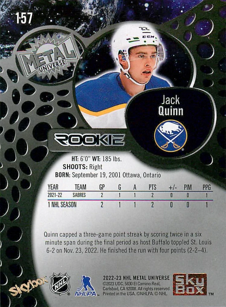 2022-23 UD Skybox Metal Universe - Jack Quinn #157