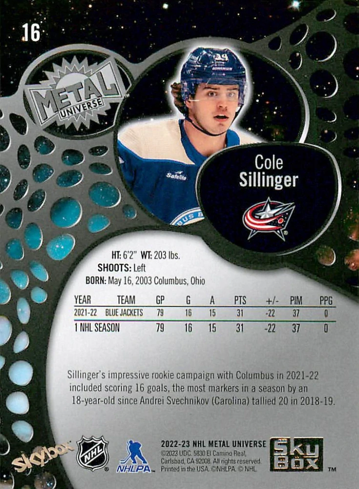 2022-23 UD Skybox Metal Universe - Cole Sillinger #16