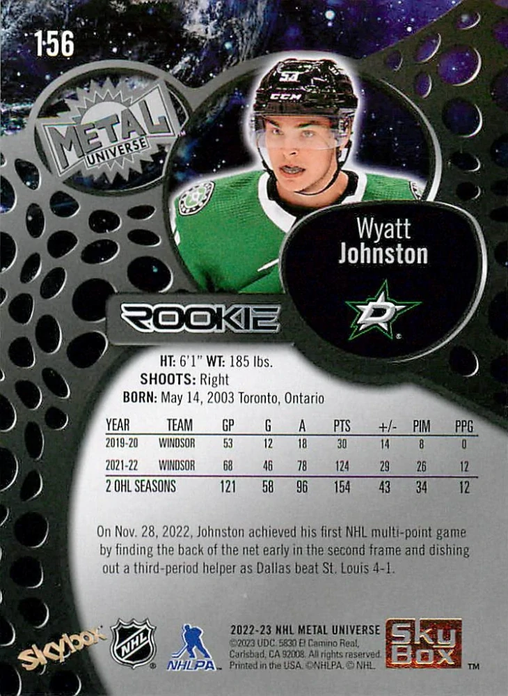 2022-23 UD Skybox Metal Universe - Wyatt Johnston #156