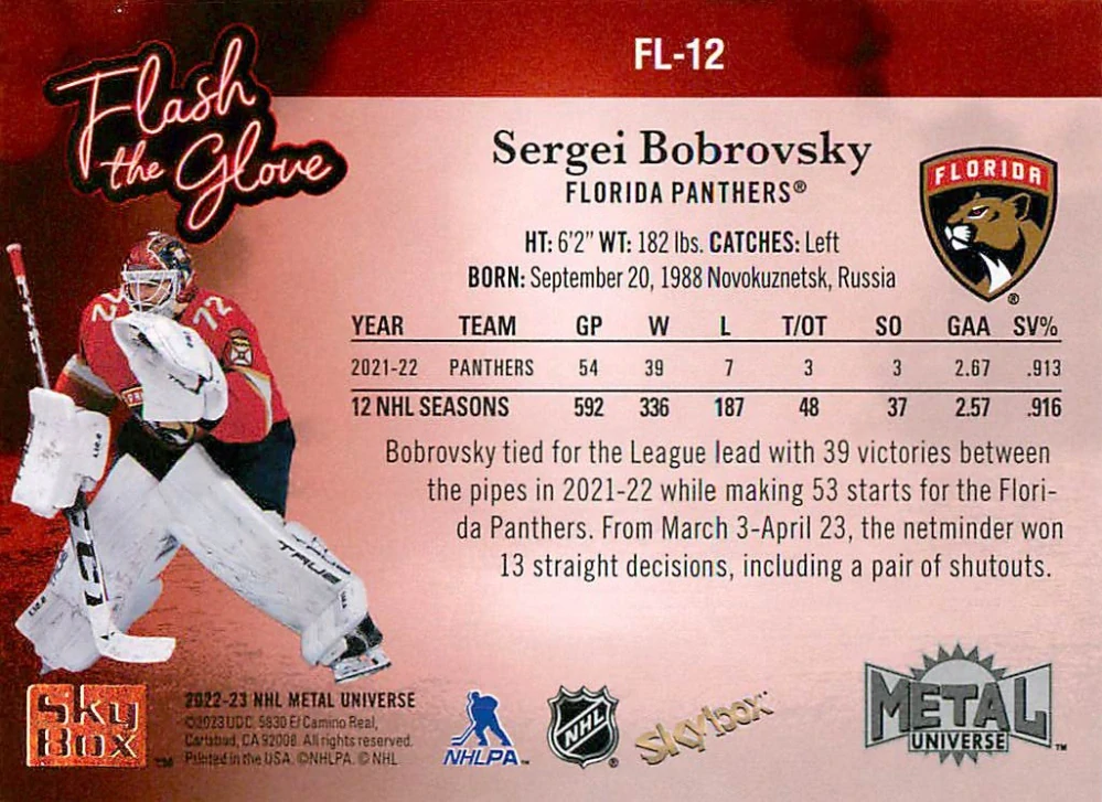 2022-23 UD Skybox Metal Universe - Sergei Bobrovsky - Flash The Glove #FL-12