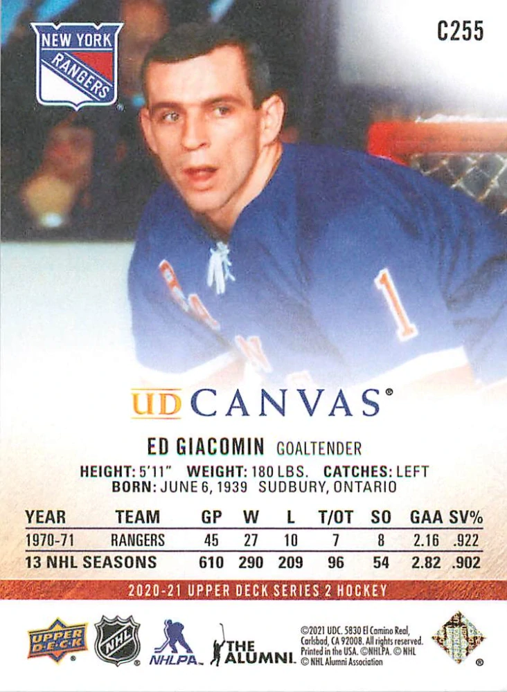 2020-21 UD Series 2 - Ed Giacomin - Canvas Retired Stars #C255