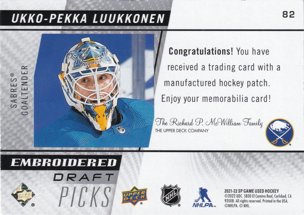 2021-22 UD SP Game Used - Ukko-Pekka Luukkonen - Embroidered Draft Picks #82