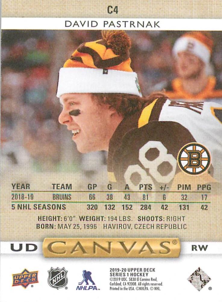 2019-20 UD Series 1 - David Pastrňák - Canvas #C4
