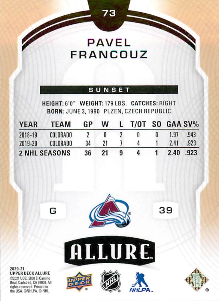 2020-21 UD Allure - Pavel Francouz - Sunset Rookie #73