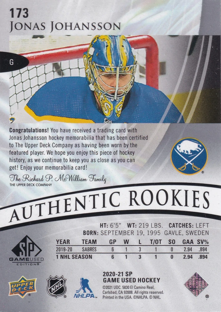 2020-21 UD SP Game Used - Jonas Johansson - Authentic Rookies Jersey #173
