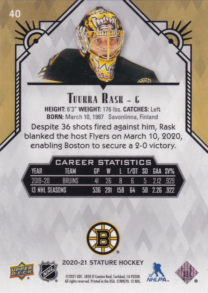 2020-21 UD Stature - Tuuka Rask #40