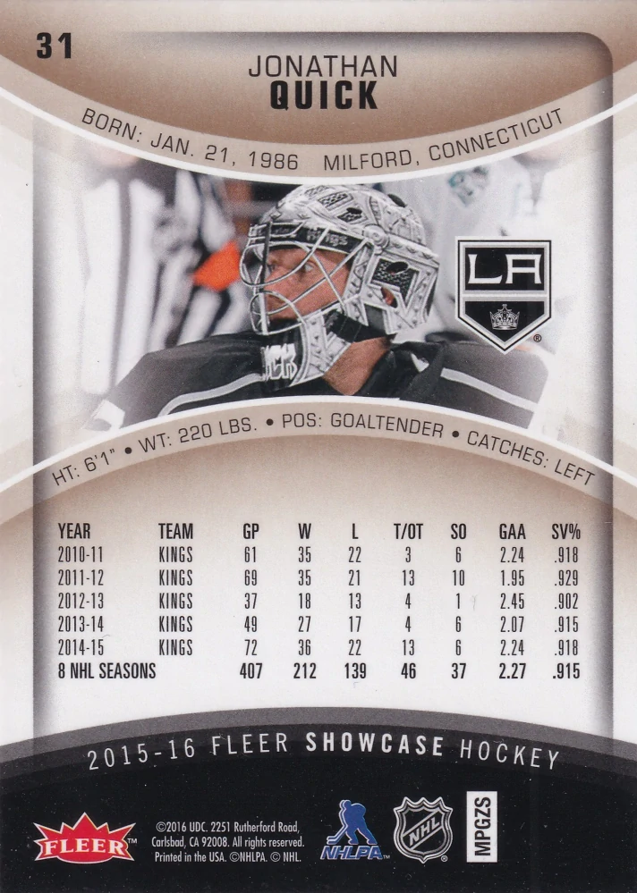 2015-16 UD Fleer Showcase - Jonathan Quick  #31