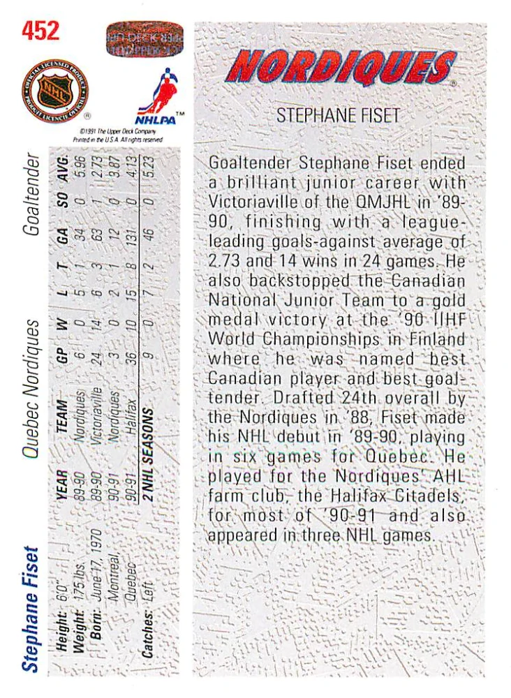 1991-92 UD Series - Stephane Fiset - Star Rookie #452