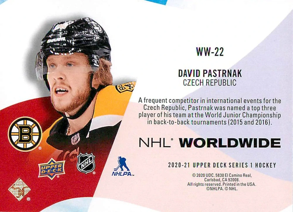 2020-21 UD Series 1 - David Pastrňák - NHL Worldwide #WW-22