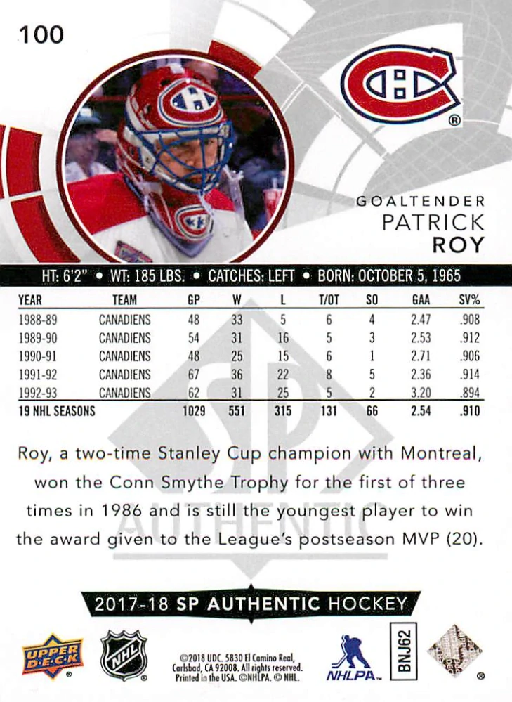 2017-18 UD SP Authentic - Patrick Roy #100