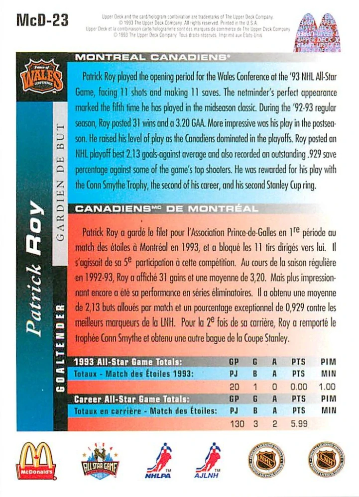 1993-94 UD McDonald's - Patrick Roy #McD-23