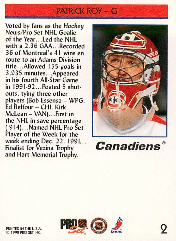 1992-93 Pro Set - Patrick Roy #2