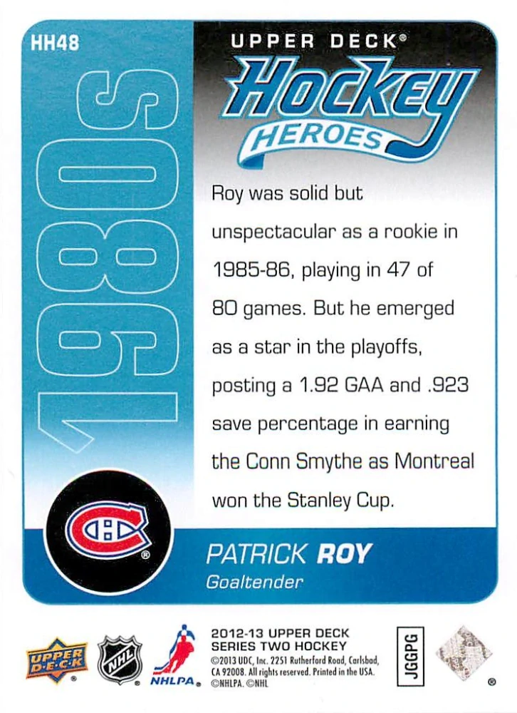 2012-13 UD Series 2 - Patrick Roy - Hockey Heroes 1980s #HH48
