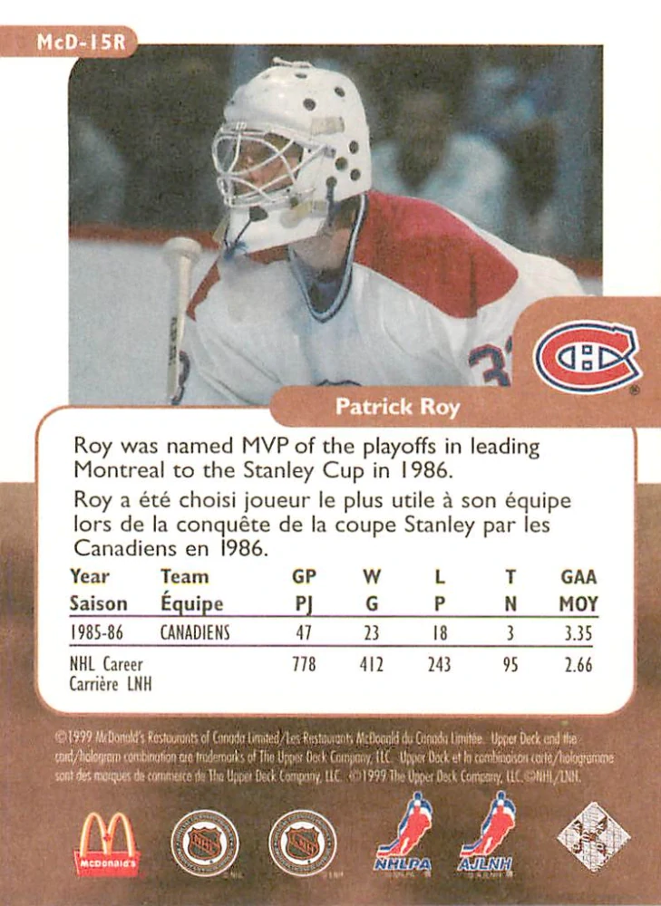 1999-00 UD Retro McDonald's - Patrick Roy - The Rookie Year#McD-15R