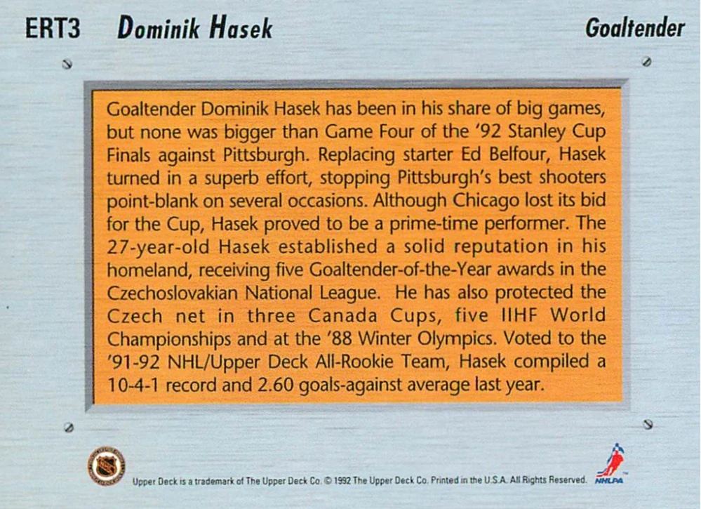 1992-93 UD Series - Dominik Hašek - Euro-Rookie Team #ERT3