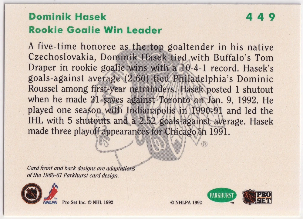 1991-92 Parkhurst - Dominik Hašek - Rookie Goalie Win Leader #449