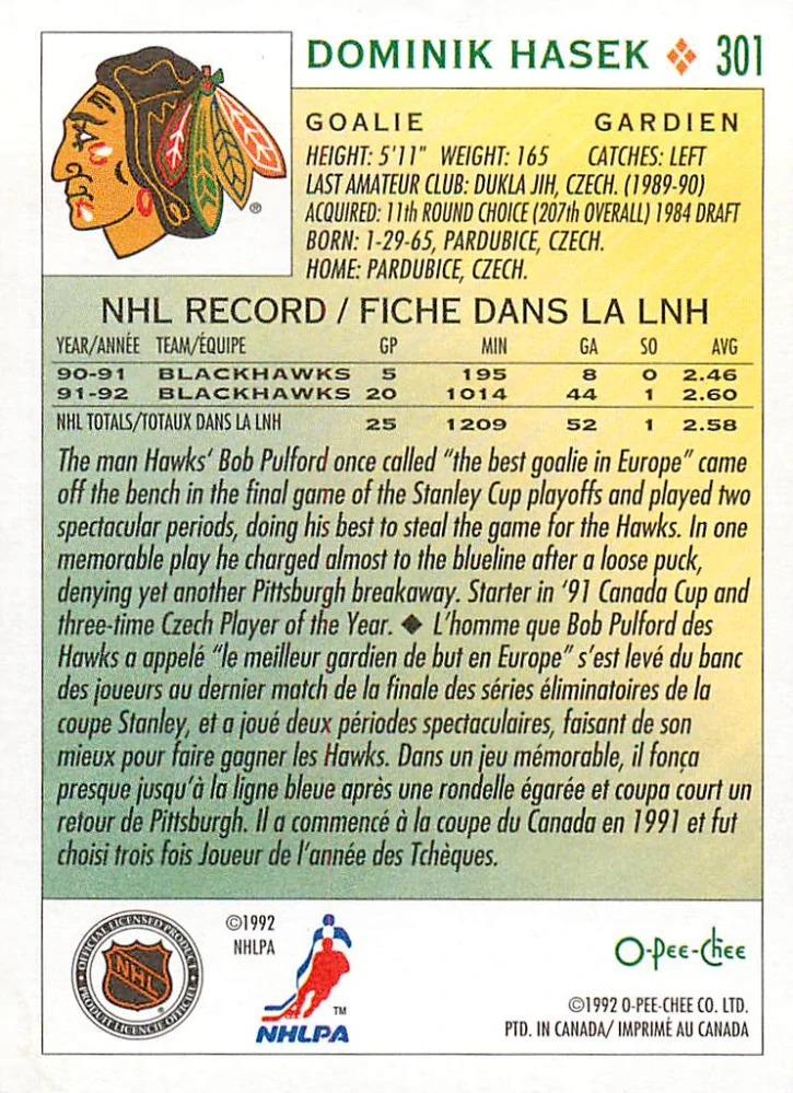 1992-93 O-Pee-Chee - Dominik Hašek #301
