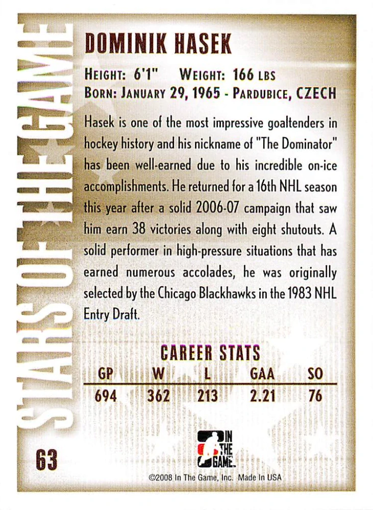 2007-08 ITG Between the Pipes - Dominik Hašek - Stars Of The Game #63