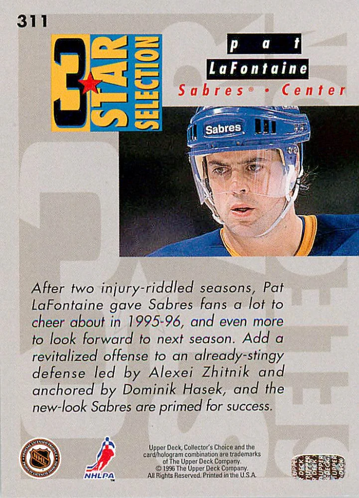 1996-97 UD Collector's Choice - Dominik Hašek, Pat Lafontaine, Alexei Zhitnik - 3Star Selection #311