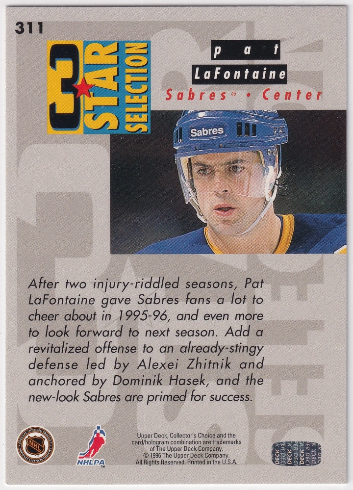 1996-97 UD Collector's Choice - Dominik Hašek, Pat Lafontaine, Alexei Zhitnik - 3Star Selection #311