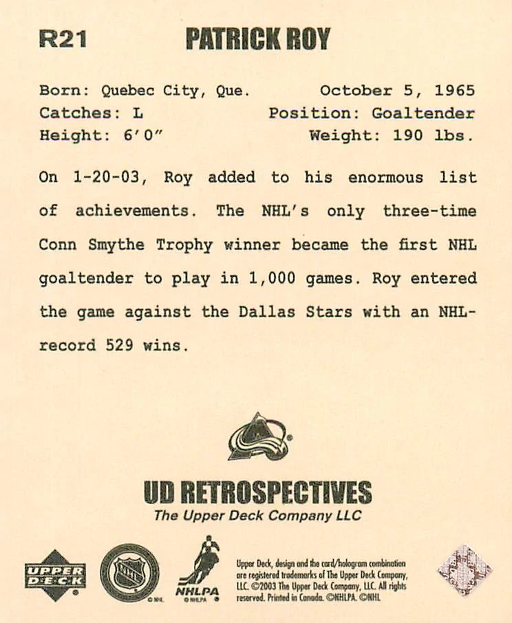 2002-03 UD Artistic Impressions - Patrick Roy - UD Retrospectives #R21