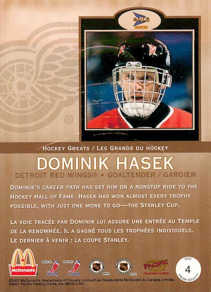 2001-02 Pacific Prism Gold McDonald's - Dominik Hašek - Hockey Greats #4