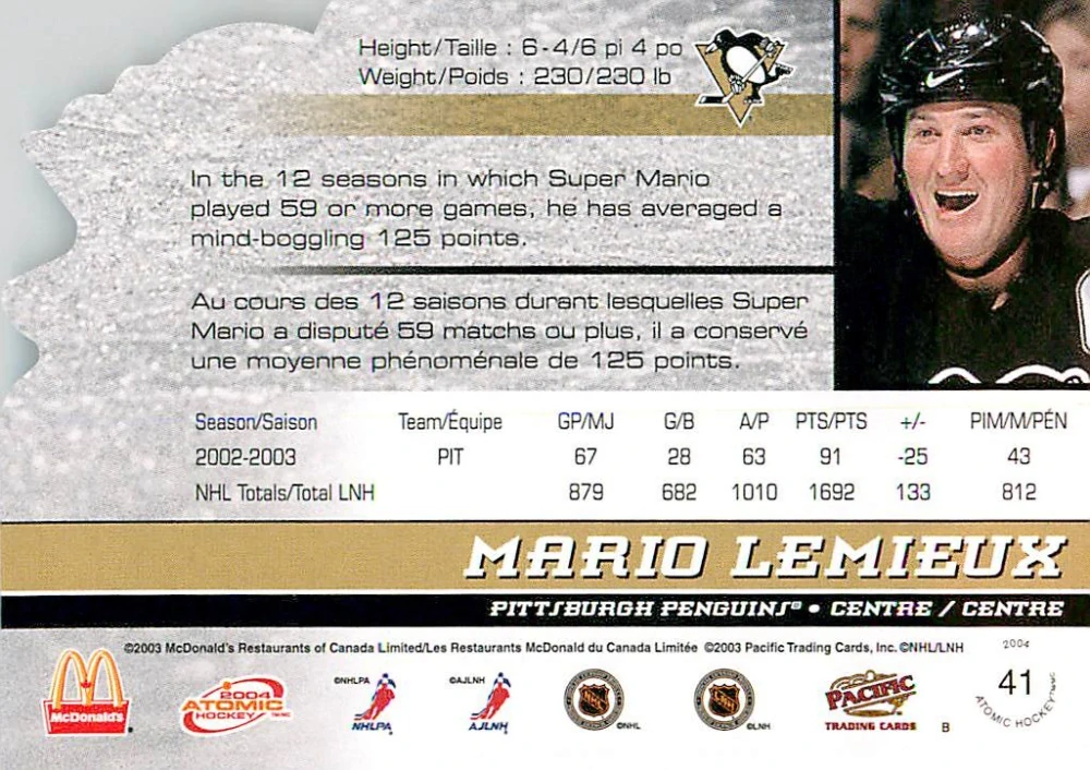 2003-04 Pacific Atomic McDonald's - Mario Lemieux #41