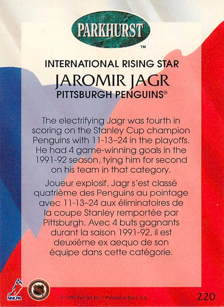 1992-93 Parkhurst - Jaromír Jágr - International Rising Star #220