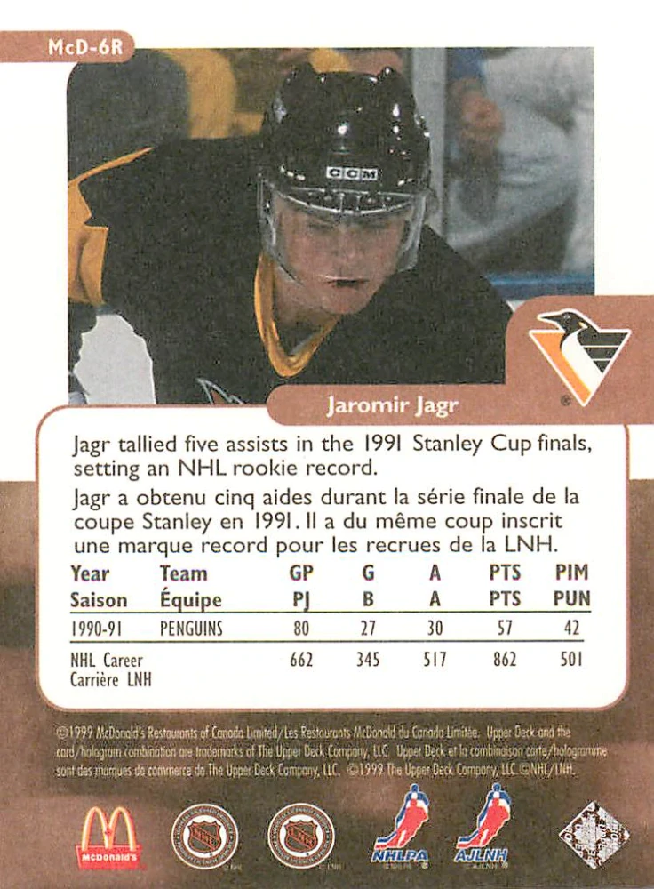 1999-00 UD Retro McDonald's - Jaromír Jágr - Star Rookie Year #McD-6R