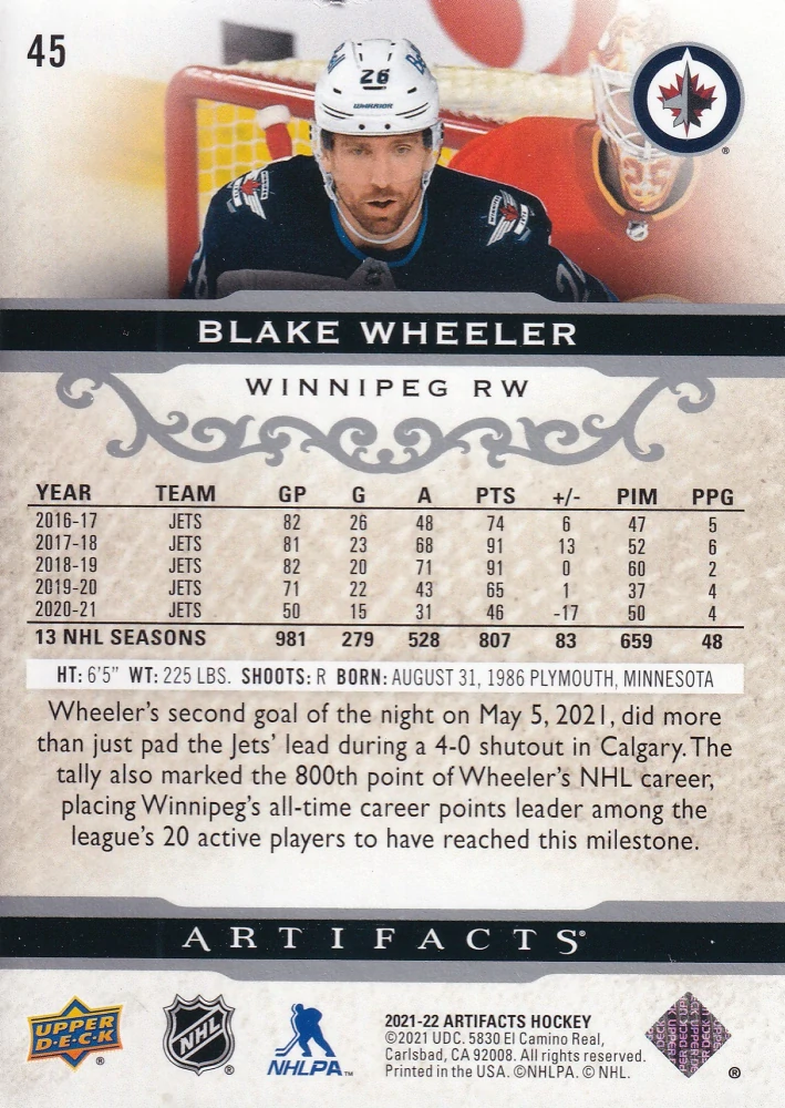 2021-22 UD Artifacts - Blake Wheeler #45