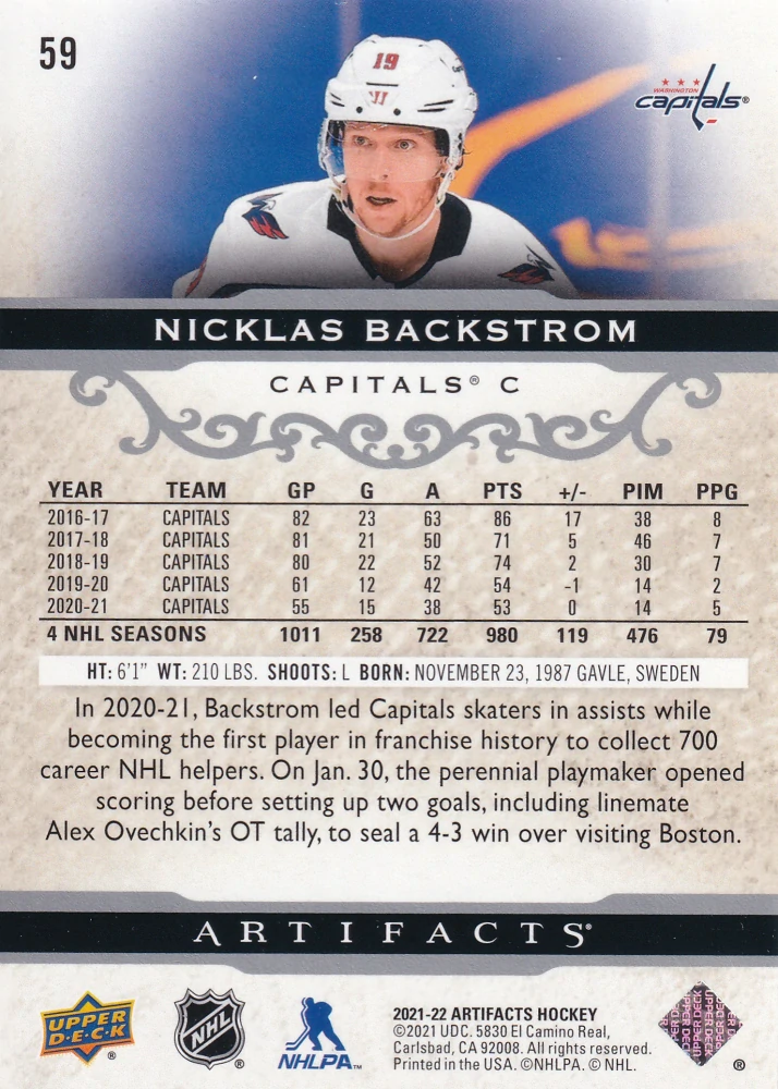 2021-22 UD Artifacts - Nicklas Backstrom #59