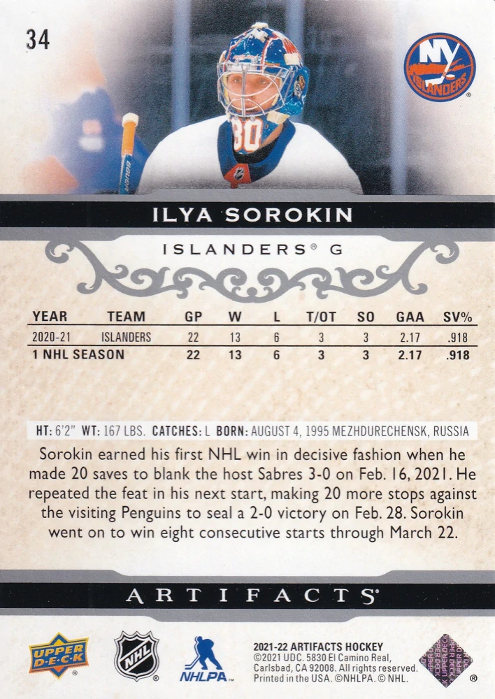 2021-22 UD Artifacts - Ilya Sorokin #34